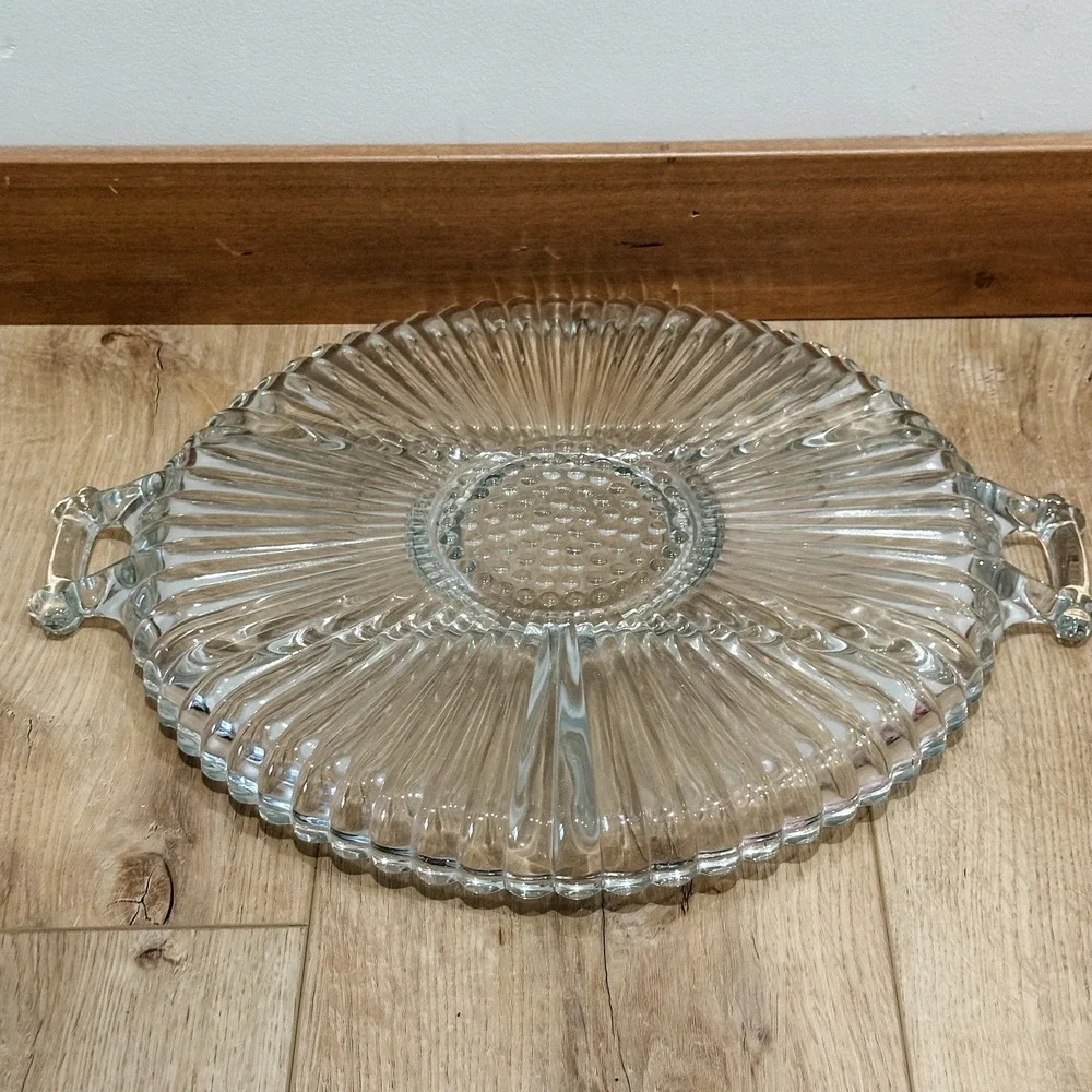 Vintage Clear Glass‎ Divided Serving Tray with Handles - 12